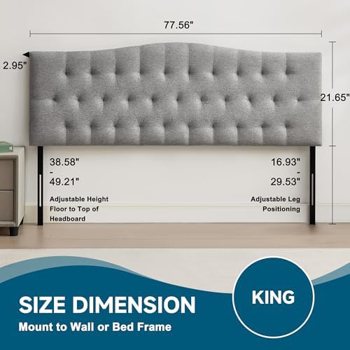 Tufted Upholstered King Size Headboard Only, Adjustable 38-50 in, Gray