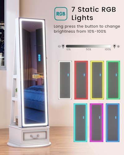Vlsrka LED Mirror Jewelry Cabinet with Lights, 360° Swivel, White | Lockable Mirror with Storage, Standing Jewelry Armoire Organizer, Touch Screen, RGB Modes for Bedroom, Gift for Women