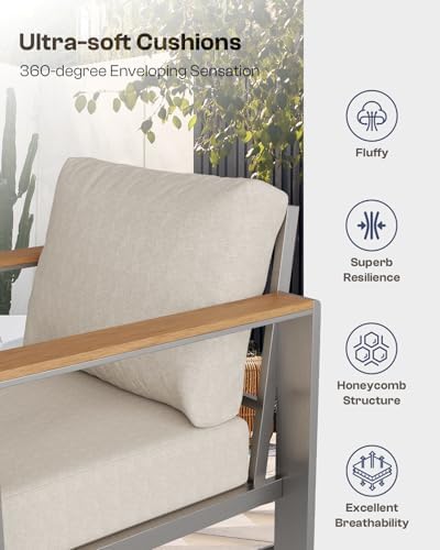 Aluminum Outdoor Patio 3-Seater Sofa Set, All-Weather Outdoor Patio Sofa with 6" Thick Removable & Washable Cushions, Rustproof Patio Outdoor Sofa Couch for Deck, Balcony, Porch, Yard, Silver