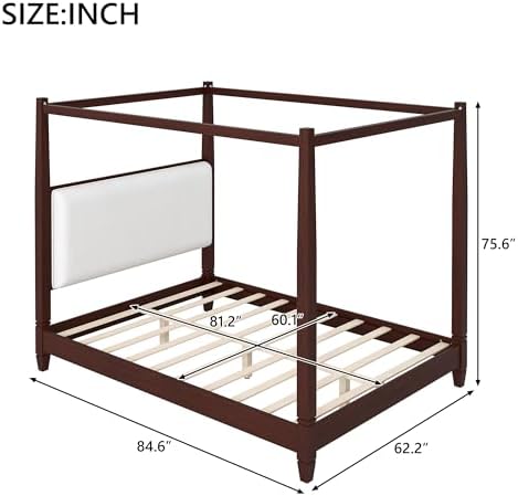 Queen Size Wood Canopy Bed Frame, Walnut Vintage Four-Posters Platform Bed Frames with Headboard, 10-Slat Support Wooden Post Beds, 6" Under Bed Storage, Easy Assembly (Espresso, Queen, 75.6"H)