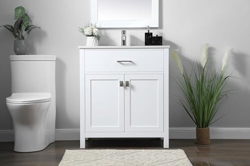 30" Pre-Assembled Bathroom Vanity with Sink, Engineered Wood, Calacatta White Engineered Marble Countertop Attached, Single Rectangle Porcelain Sink, White