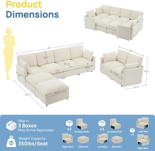 Iroomy Modular Sectional Couch for Living Room, Spring Cushion Seating, Modern Convertible Cloud Sofa with Ottoman, Beige