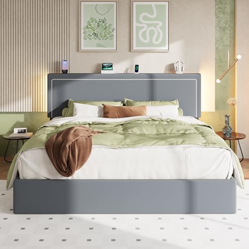 Allewie King Lift Up Storage Bed Frame with Charging Station, Grey
