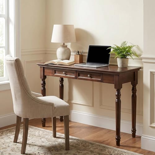 47" Narrow Solid Wood Writing Desk with Drawers, Walnut