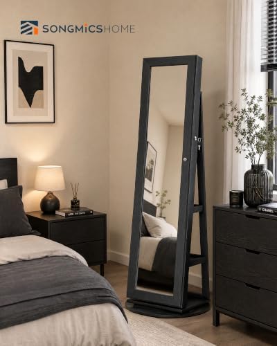 SONGMICS HOME Standing Jewelry Cabinet, Full Length Mirror with Storage | Swivel Jewelry Armoire, Lockable Rotating Organizer, Rear Storage Shelves, Bedroom Organization, Black UJJC006B01SH