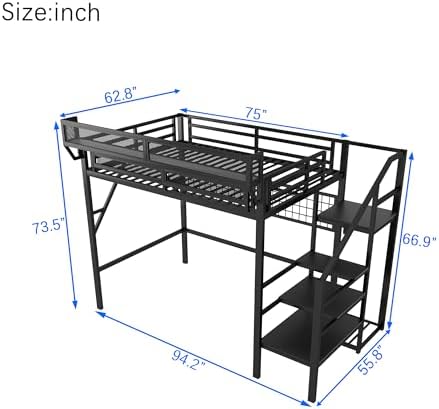KEIKI Full Size Metal Loft Bed Frame with Grid & Staircase & Built-in Storage Shelves & Wardrobe, Modern Loft Bed with Solid Slat & Guardrail, No Box Spring Required, Easy Assembly, for Bedroom, Black