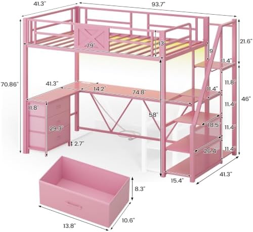 Itaar Stairway Twin Size Loft Bed with L Shaped Desk and Wardrobe, Metal Loft Bed Frame with Stairs, 3 Fabric Drawers, LED Lights & Charging Sation, No Noise & No Box Spring Needed, Pink