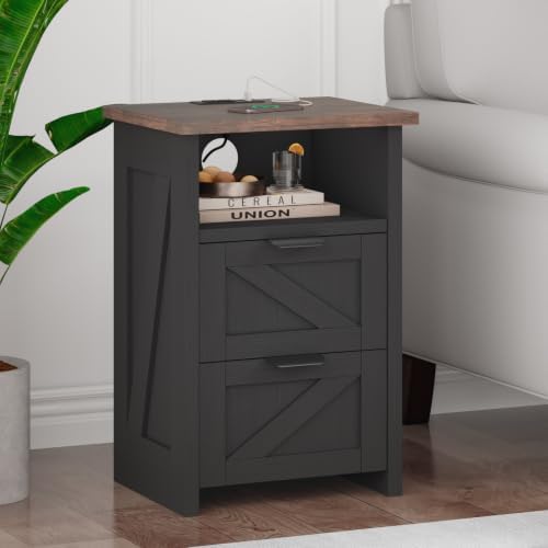 Farmhouse Night Stand Set of 2, Bed Side Table with 2 Drawers and Storage Shelf, Rustic White End Table for Bedroom, Living, Entryway, Office, Dorm, Small Spaces, Black