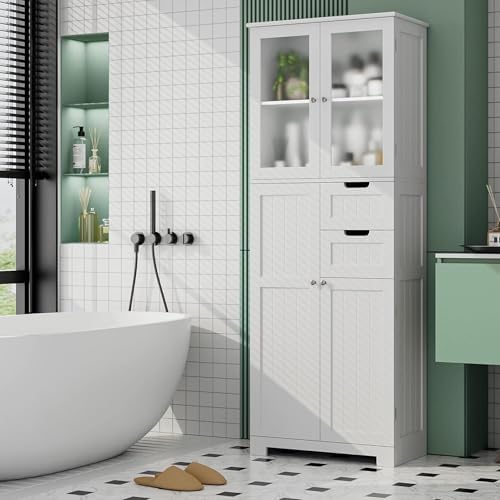 BOTLOG 67'' Tall Bathroom Storage Cabinet, Linen Cabinet with Glass Doors and Adjustable Shelves, Kitchen Pantry with 2 Drawers for Bathroom, Living Room, Dining Room, White | Frosted Glass Doors, Wood Drawers, Kitchen Pantry, Line Cabinet for Bathroom...