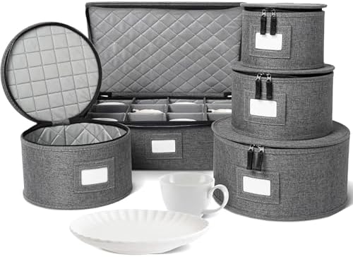 storageLAB 5-Piece China Storage Set | Plates & Mugs | Woven Linen | Gray