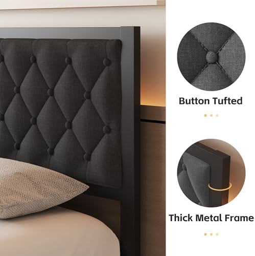 Fluest Full Bed Frame with Headboard Linen Upholstered Bed Frame Platform,All Metal Slats Support Platform Bed Frame with Storage Space,Easy Assembly,Noise Free,No Box Spring Needed,Grey