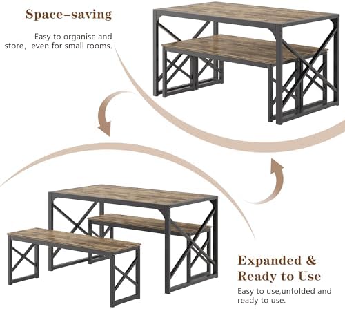 VECELO 55” Kitchen Dining Table Set for 4, Heavy-Duty Steel Frame & Wood-Grain Tabletop, Space-Saving Dinette Sets with 2 Benches for Breakfast Nook and Small Space, Grey