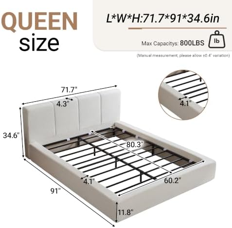DNYN Queen Cloud Bed Frame with Cushion Headboard and 360° Foam Surround