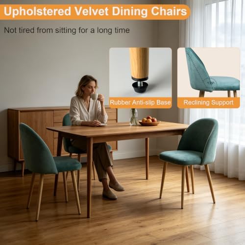 Big Dining Room Chairs Set of 2, Velvet Upholstered Modern Living Room Chairs with Metal Legs & Ergonomic Curved Backrest, Mid-Century Kitchen Chairs for Bedroom, Apartment, Mint Green