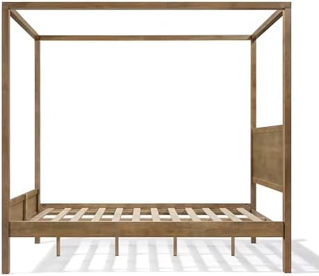 Merax Queen Canopy Bed Frame with Headboard & 4 Posters, Antique Natural