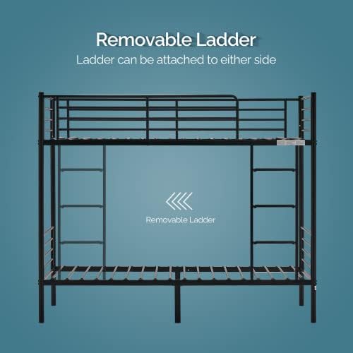 Bonnlo Bunk Bed Twin Over Twin for Kids/Teens/Adults Heavy Duty 2 Decker Bed with Flat Ladder and 13 inches High Guardrail, Metal Space Saver Bed with Stairs, Black