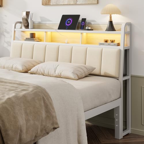 Queen Headboard Only with Storage, Charging Station, Off White