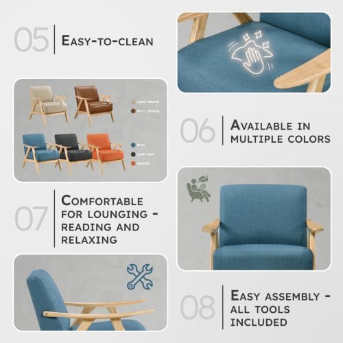 Lexicon Mid Century Modern Accent Chair with Natural Wood Frame, Blue