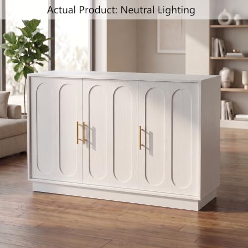 holzart 46.6" Modern Farmhouse 3 Door Storage Cabinet, White Sideboard Buffet with Gold Handles, Large Fluted Wood Credenza for Dining Room, Living Room, Coffee Bar
