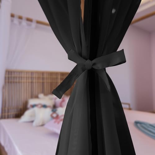 Linentalks Black Canopy Bed Curtains - 8 Panels Set with Tiebacks, Easy Open & Close Tabs, Quick Install for 4 Poster Bed or Queen Bed Frames, Romantic Touch for Bedrooms, Canopy Bed Curtains Queen