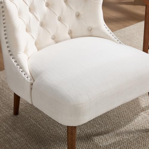 Kmax Accent Chair, Slipper Chair with Button Tufted Wingback, Armless Living Room Chair with Nails Decorative Modern Side Chair for Bedroom Reception Office Small Space - Linen Beige, Walnut Legs