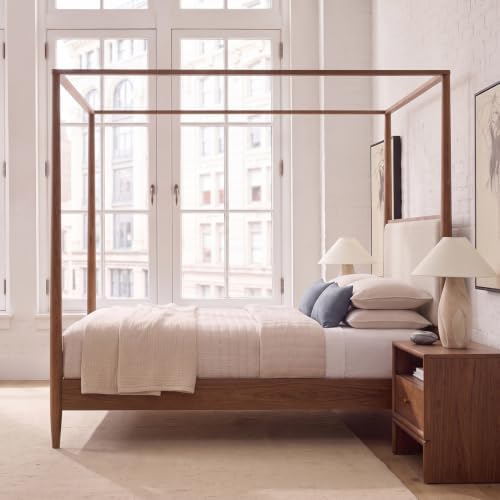 Queen Size Wood Canopy Bed Frame, Walnut Vintage Four-Posters Platform Beds