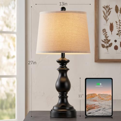 PARTPHONER Traditional Table Lamp Set of 2, Rustic Farmhouse Table Lamps for Living Room Bedroom, 27" Bedside Desk Lamps Vintage Nightstand Lamps with Linen Shades, Matte Black