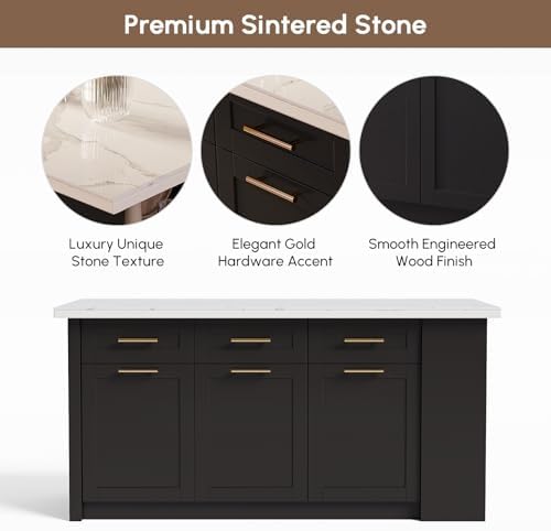 homary 72" Modern Kitchen Island with Storage, White Marble-Effect Engineered Wood Top, Modern Kitchen Table for Dining Room, Black & White