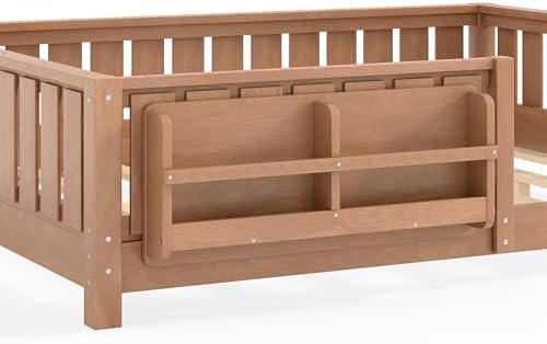 Bellemave Full Floor Bed with Slats and Rails, Full Size Montessori Floor Bed with Bookcase and Fence, Easy Assemble Montessori Beds for Girls, Boys, Natural Floor Beds