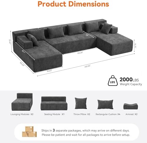 MONVANE 141" U-Shaped Modular Sectional Sofa, Grey