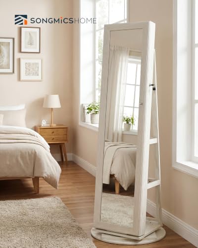 SONGMICS HOME Standing Jewelry Cabinet, Full Length Mirror with Storage | Swivel Jewelry Armoire, Lockable Rotating Organizer, Rear Storage Shelves, Bedroom Organization, White UJJC006W01SH