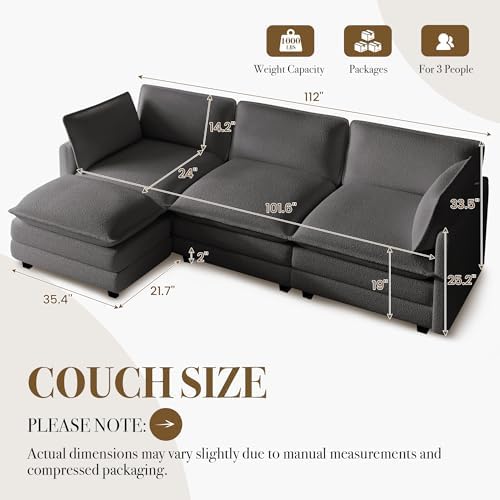 ROWHY 112'' Modular Sectional Cloud Couch with Movable Ottoman, 4 Seat Modern Chenille Sofa, Deep Seat L Shaped Couch for Living Room Bedroom Apartment, Grey