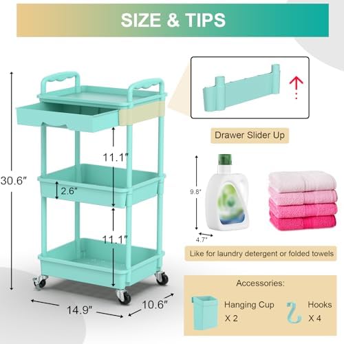 Goovilla 3 Tier Rolling Utility Cart Organizer with Removable Drawer, Blue