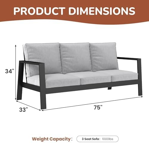 Wisteria Lane Aluminum Outdoor Patio Sofa, High Backrest Metal 3-Seat Outdoor Couch with 5 inch Thick Cushions, Patio Furniture for Deck Porch Garden Poolside, Grey