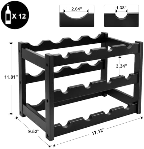 Bamboo Wine Rack, 3-Tier 12 Bottles Wine Storage Cabinet Shelf