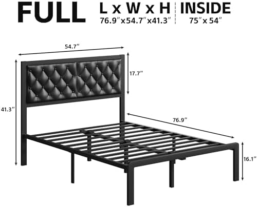 Fluest Full Bed Frame with Headboard PU Leather Upholstered Bed Frame Platform,All Metal Slats Support Platform Bed Frame with Storage Space,Easy Assembly,Noise Free,No Box Spring Needed,Black