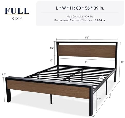Allewie Full Size Bed Frame, Heavy Duty 12 Metal Slats Support, Walnut