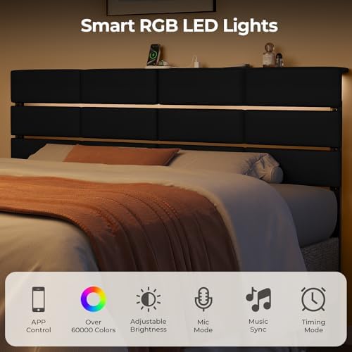 Full/Queen Size Upholstered Velvet Headboard, Adjustable Head Boards with LED Light & Charging Station, Bed Headboard Only, Attach Frame, Study & Comfortable, Ideal for Bedroom, Dorm, Black