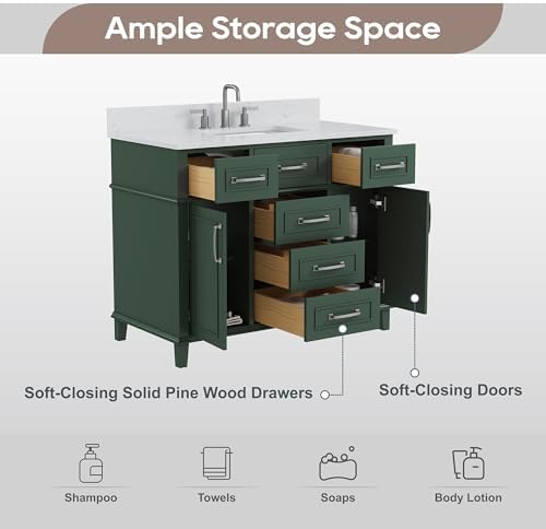 42 Inch Green Bathroom Vanity with Sink, Pre Assembled | Freestanding Solid Wood Bathroom Vanities with 2 Soft Close Doors & 5 Dovetail Drawers, 0.78" Stone Top, Backsplash