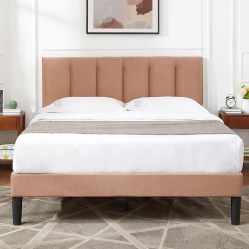 VECELO Full Size Bed Frame with Upholstered Headboard, Coffee