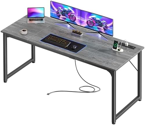 PRAISUN 63 X 24 Inch Computer Desk, Power Outlets, USB-C, Grey
