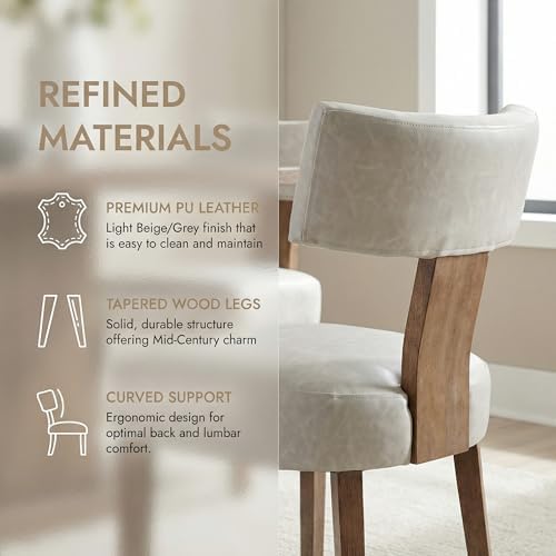 HNY Mid Century Modern Dining Chairs Set of 6, Farmhouse PU Leather Upholstered Accent Chair Curved Backrest Kitchen Chairs, with Hardwood Frame, Grey
