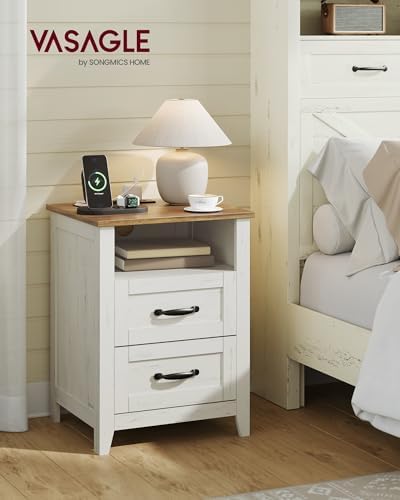 VASAGLE Farmhouse Nightstand with Charging Station, 2 Drawers