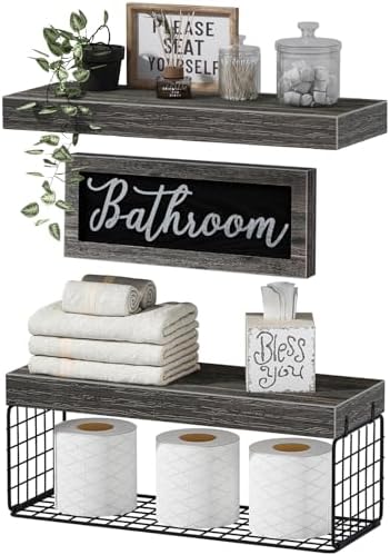QEEIG ‎Bathroom Shelves with Decor Sign (Grey, 15.7")