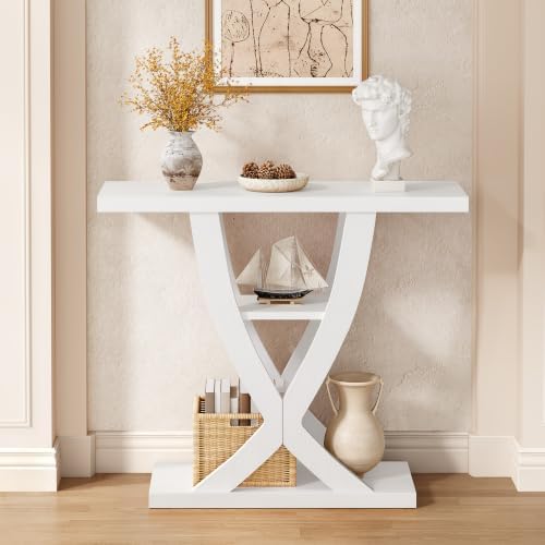 FAVOOSTY 39.4" Entryway Table, 3 Tier Hallway Table, Console Tables for Living Room, Narrow Entrance Table with Storage, Sofa Table Behind Counch, Accent Table for Entry Foyer, White