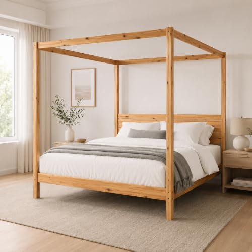 Solid Pine Canopy Bed Frame, King — Natural Pine Painted Finish