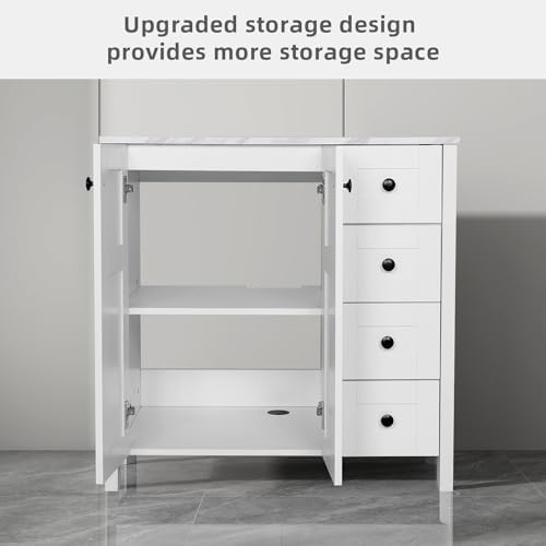 32" White Bathroom Vanity with Marble Texture Top and 4 Drawers, Modern Standing Pedestal Cabinet Without Sink