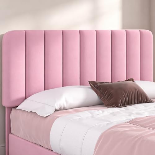 VECELO Full Size Upholstered Bed Frame with 4 Drawers and Headboard, Velvet Platform Storage Bedframe, Wooden Slats Support, No Box Spring Needed,Pink