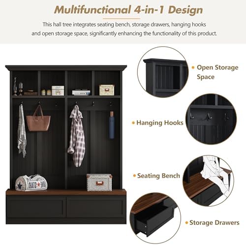 Merax Farmhouse Wood Hall Tree with Bench and Storage Drawers, 4-in-1 Coat Rack with 6 Hooks for Entrance, Hallway Black