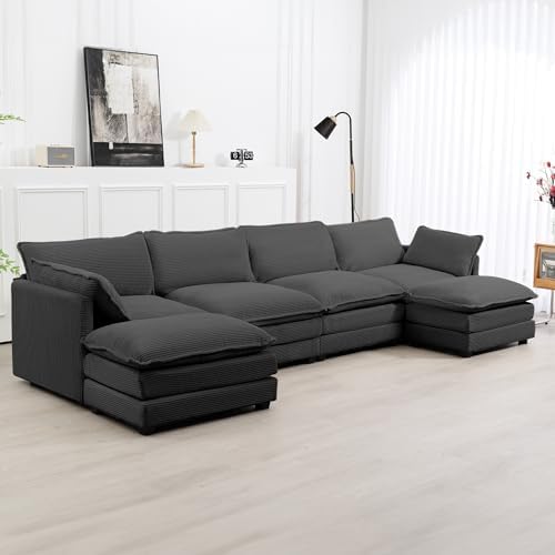 ROWHY 148'' Modular Sectional Cloud Couch with 2 Movable Ottomans, Oversized 6 Seat Modern Corduroy Sofas, Deep Seat U Shaped Couch for Living Room Bedroom Apartment,Dark Grey